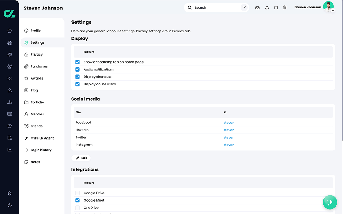 Administrator profile Settings page