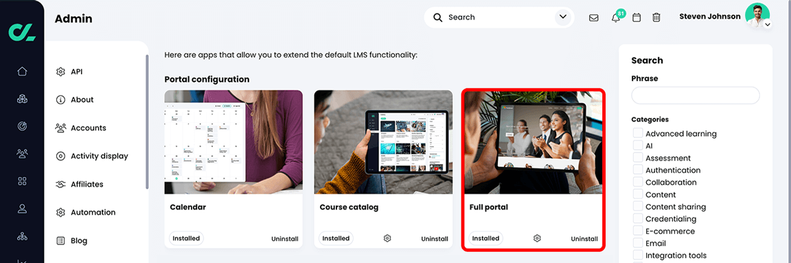 Admin, App center with the Full portal app highlighted in the Portal configuration section