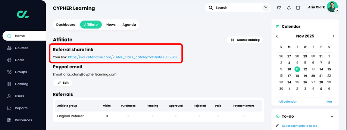 Home, Affiliate tab with the Referral share link highlighted