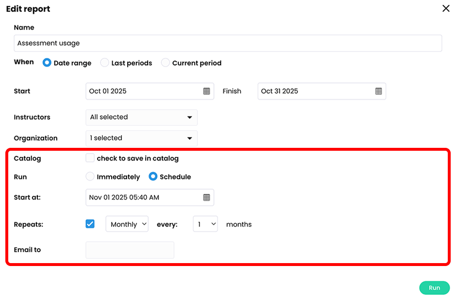 Run report pop-up for the Assessment usage report with the Catalog, Run, Start at, Repeats, and Email to sections highlighted