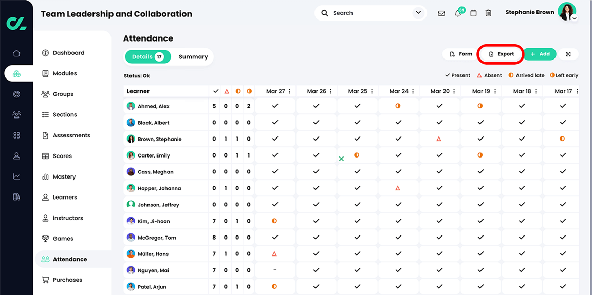 Course, Attendance, Details tab with the Export button highlighted