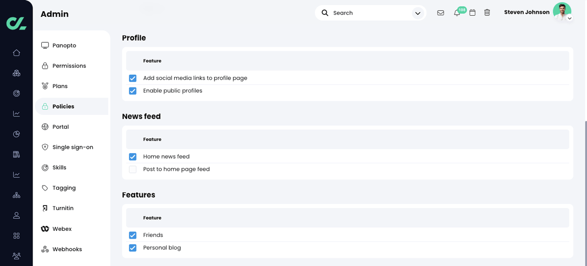Admin, Policies, Learners tab, Profile, News feed, and Features sections
