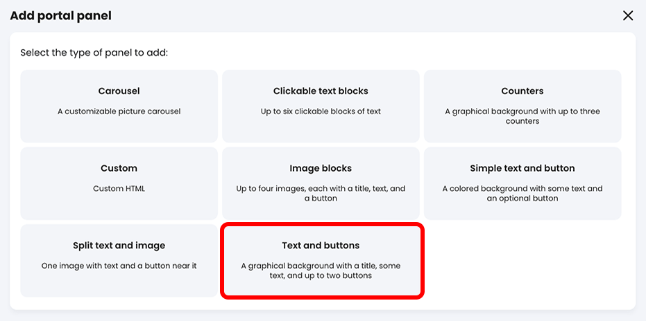 Add portal panel pop-up with the 'Text and buttons' button highlighted