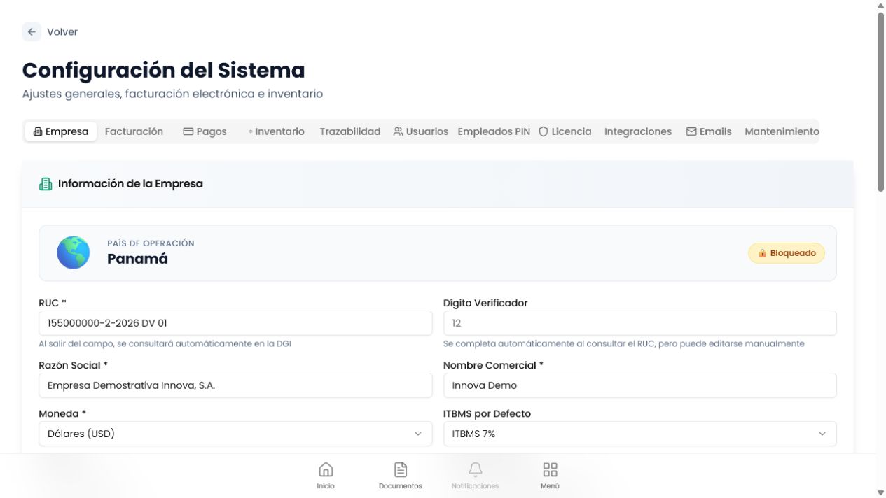 Pantalla real de configuración de Innova Emission