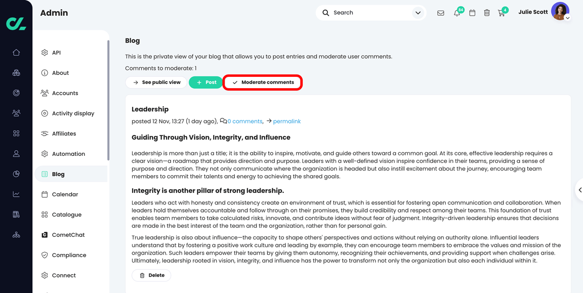Admin, Blog page with the Moderate comments button highlighted