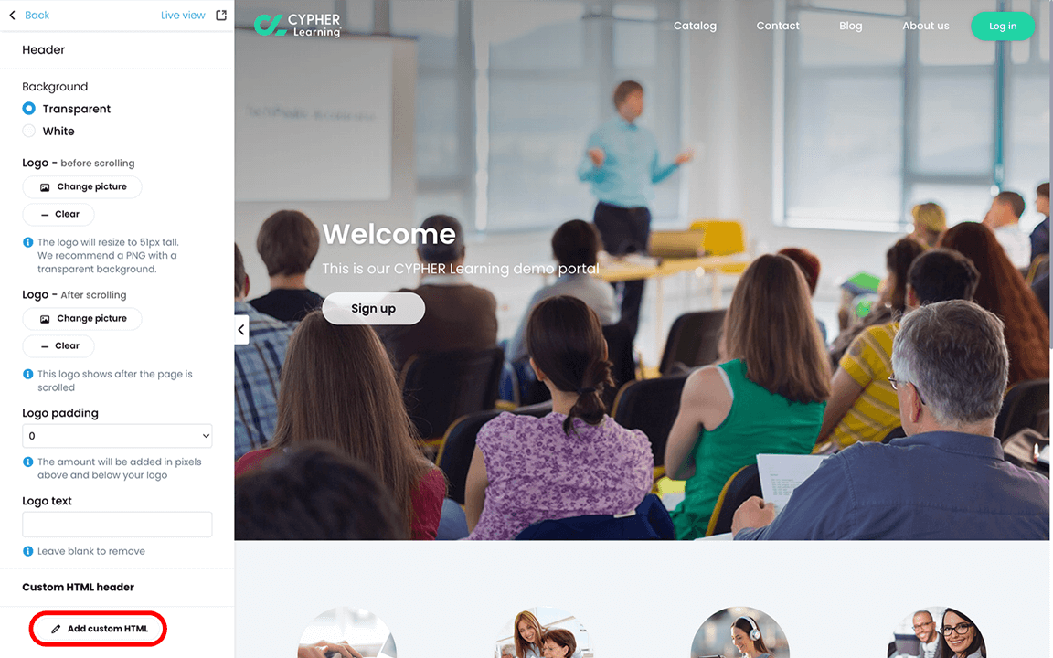 Portal visual editor, Header menu with the Add custom HTML button highlighted