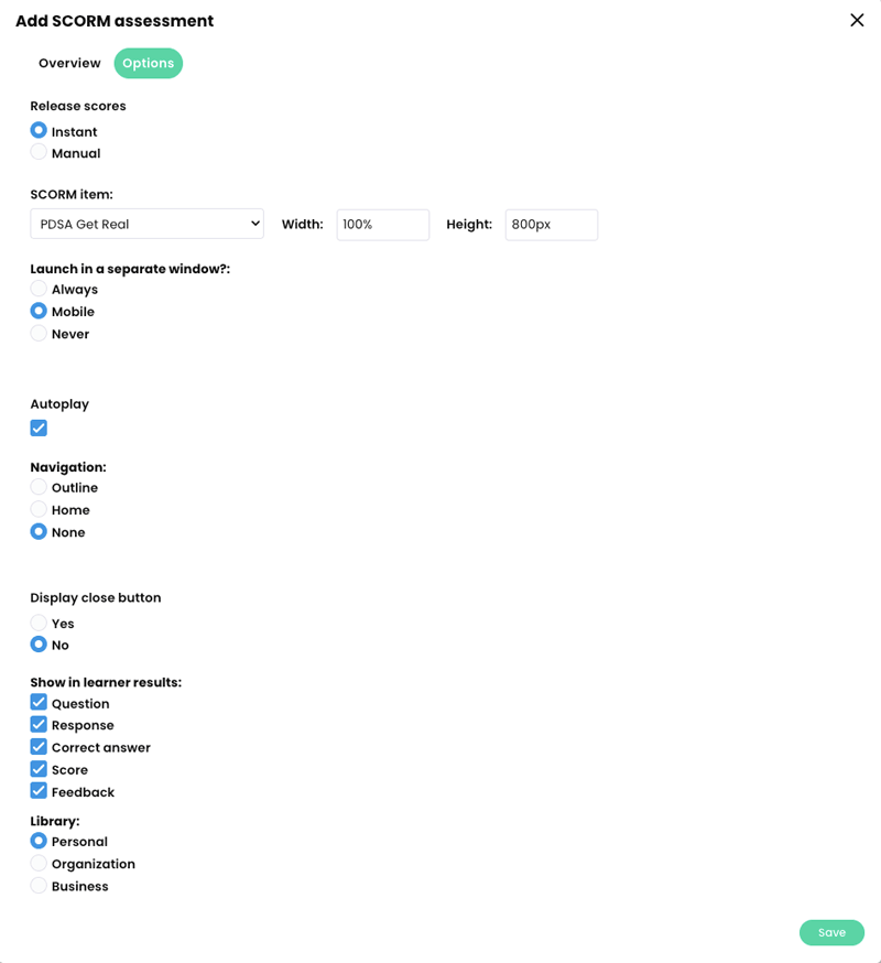 Add SCORM assessment pop-up, Options tab