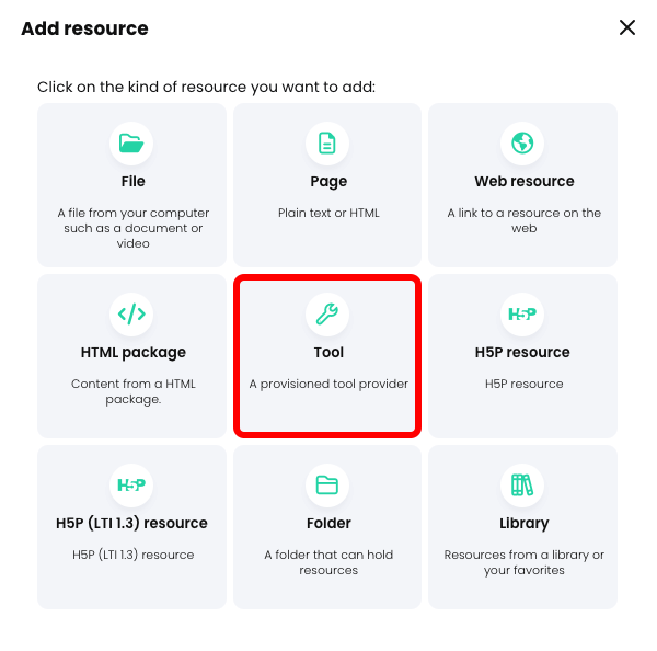 Add resource pop-up with Tool highlighted