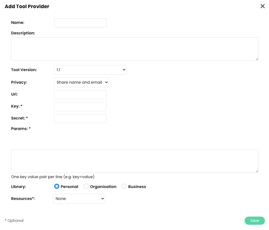 Add Tool Provider pop-up with example fields completed for a LTI 1.1 tool 