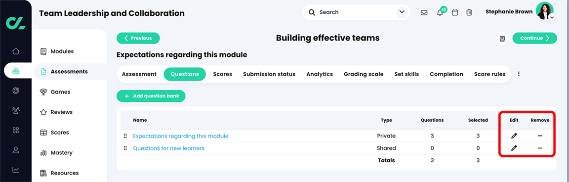 Course, Assessments, Survey assessment, Questions tab with two question banks and the Edit and Remove buttons highlighted