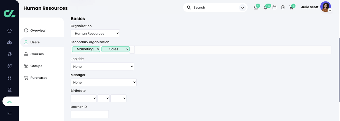 Organizations, Users, Edit user page with two Secondary organizations added 