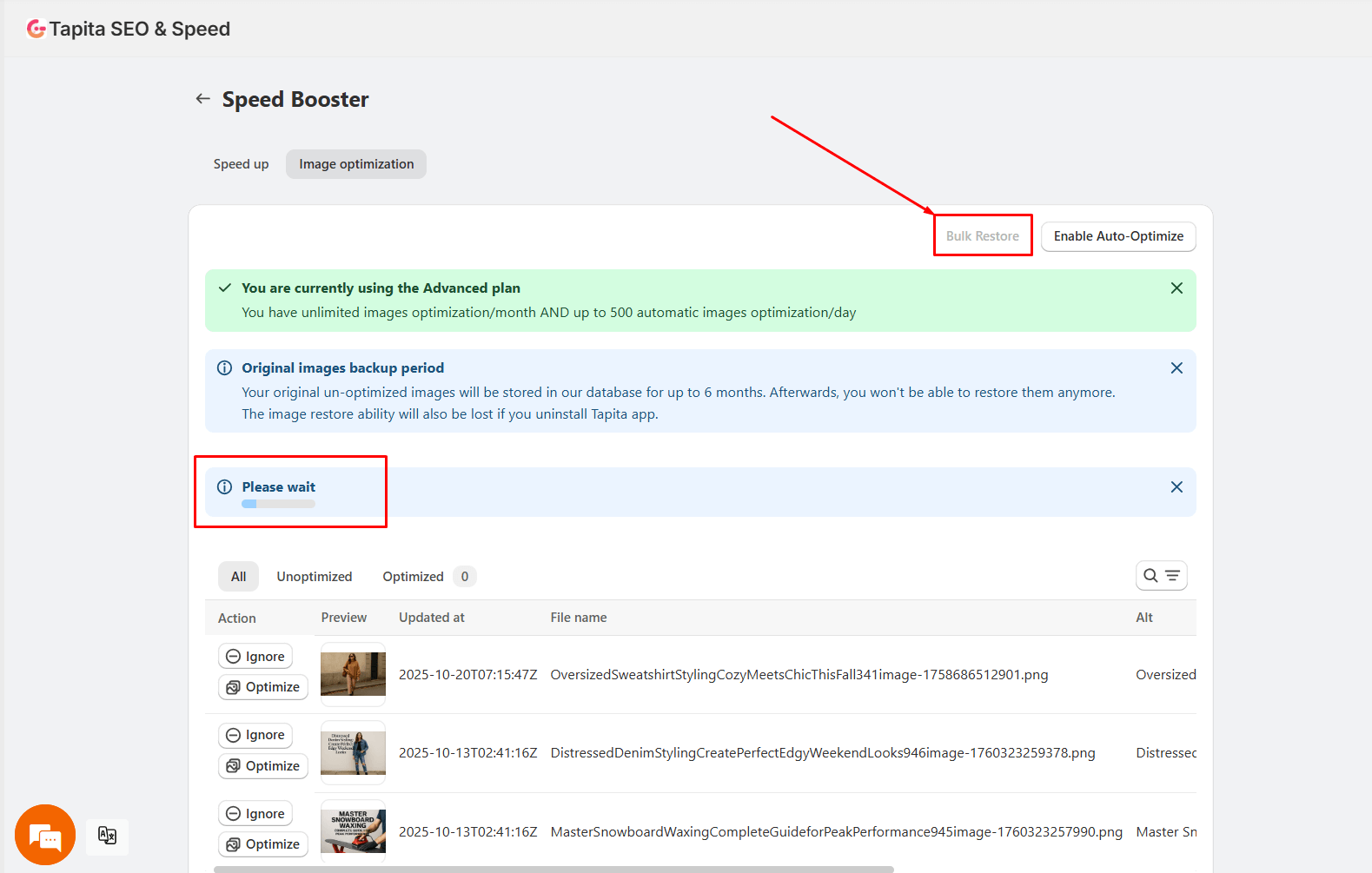 Tapita SEO & Speed - Image optimization - Bulk restore