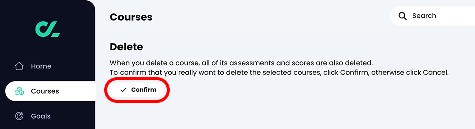 Courses, Delete confirmation page with the Confirm button highlighted