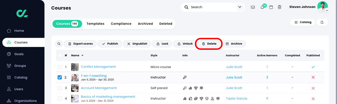 Courses, Courses list with a course selected and the Delete button highlighted