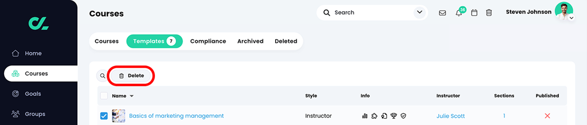 Courses, Templates tab with a course selected and the Delete button highlighted