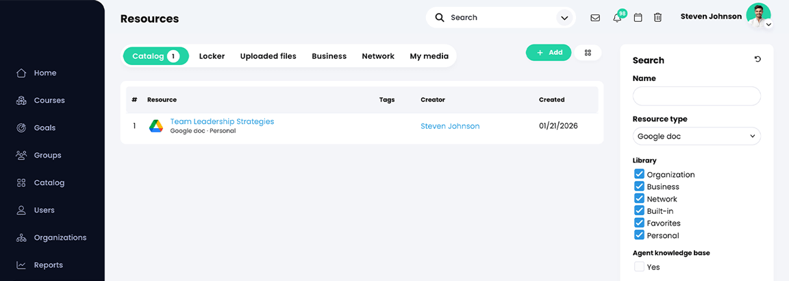 Ressourcen, Katalogseite mit Auflistung der aus Google Drive importierten Dateien