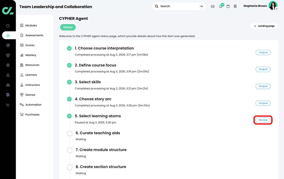 CYPHER Agent status page with the Review button highlighted in the Select learning atoms section