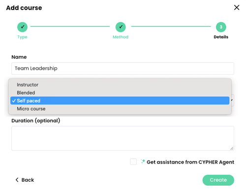 Add course pop-up, Details step with the Style menu active and Self-paced selected