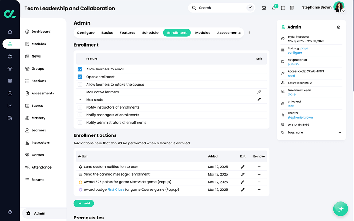 Course, Admin, Enrollment tab