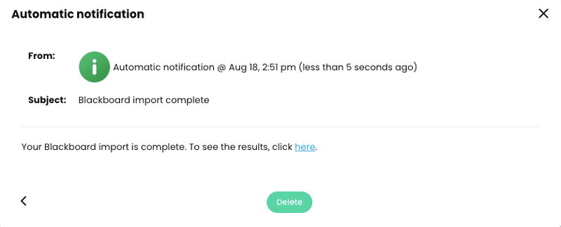 Automatic notification of a successful Blackboard course import