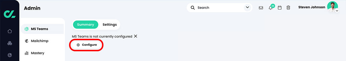 CYPHER platform, MS Teams, Summary tab with the Configure button highlighted