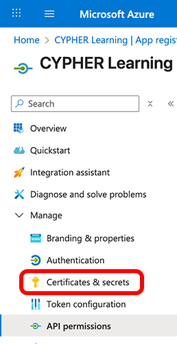 Azure portal, Left menu with the Manage menu active and Certificates & secrets highlighted