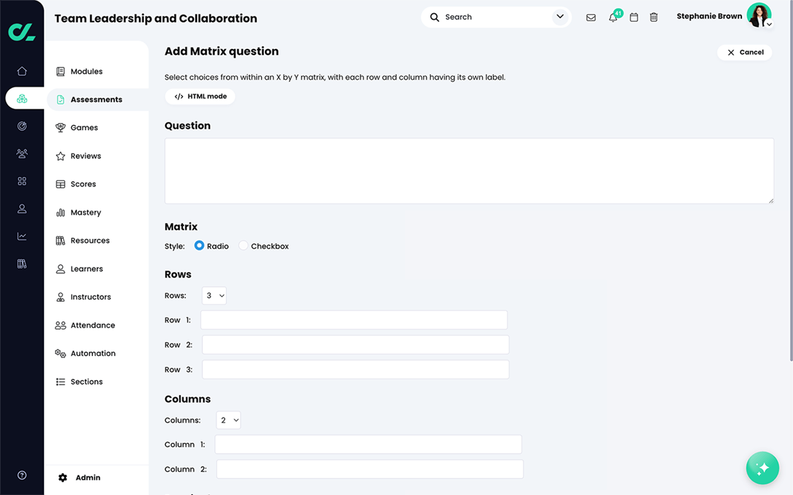 Course, Assessments, Survey assessment, Add Matrix question page