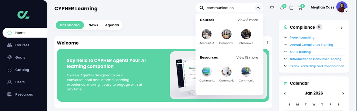 Learner home dashboard with a search term entered and a list of matching Courses and Resources displaying in the search menu