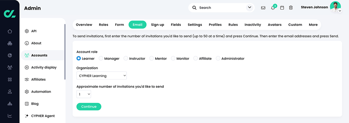 Admin, Accounts, Email tab