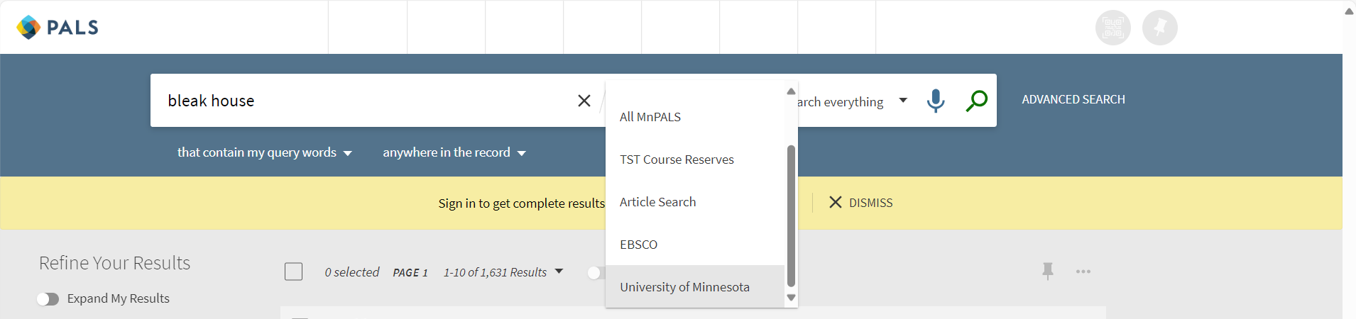 Primo search showing scopes