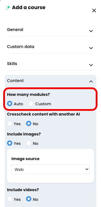 CYPHER Agent menu, Content tab opened with How many modules highlighted and Auto selected