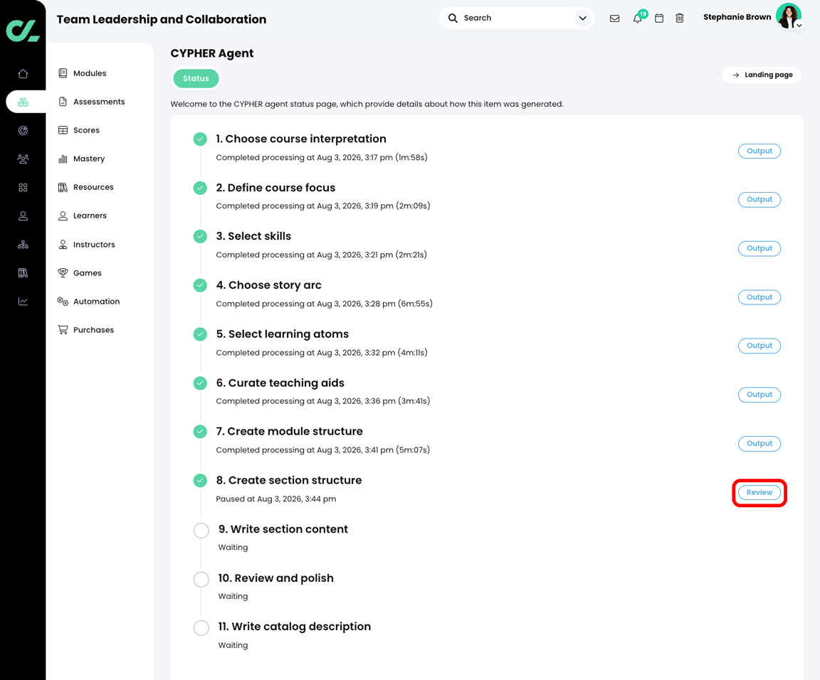 CYPHER Agent status page with the Review button highlighted in the Create section structure section