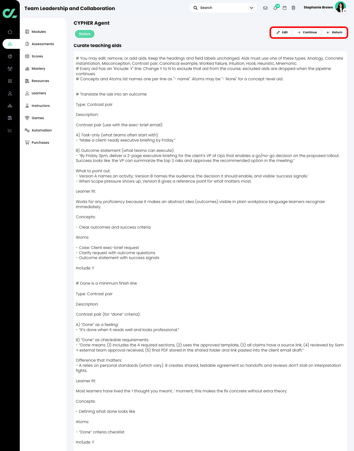 CYPHER Agent Curate teaching aids Markdown file, with the Edit, Continue, and Return buttons highlighted