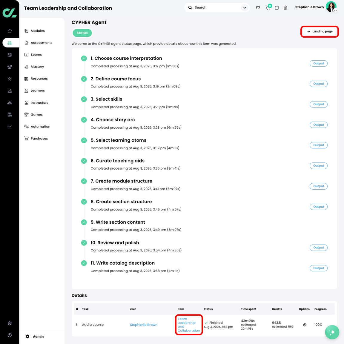 CYPHER Agent status page with the course title highlighted in the Details table and the Landing page button highlighted