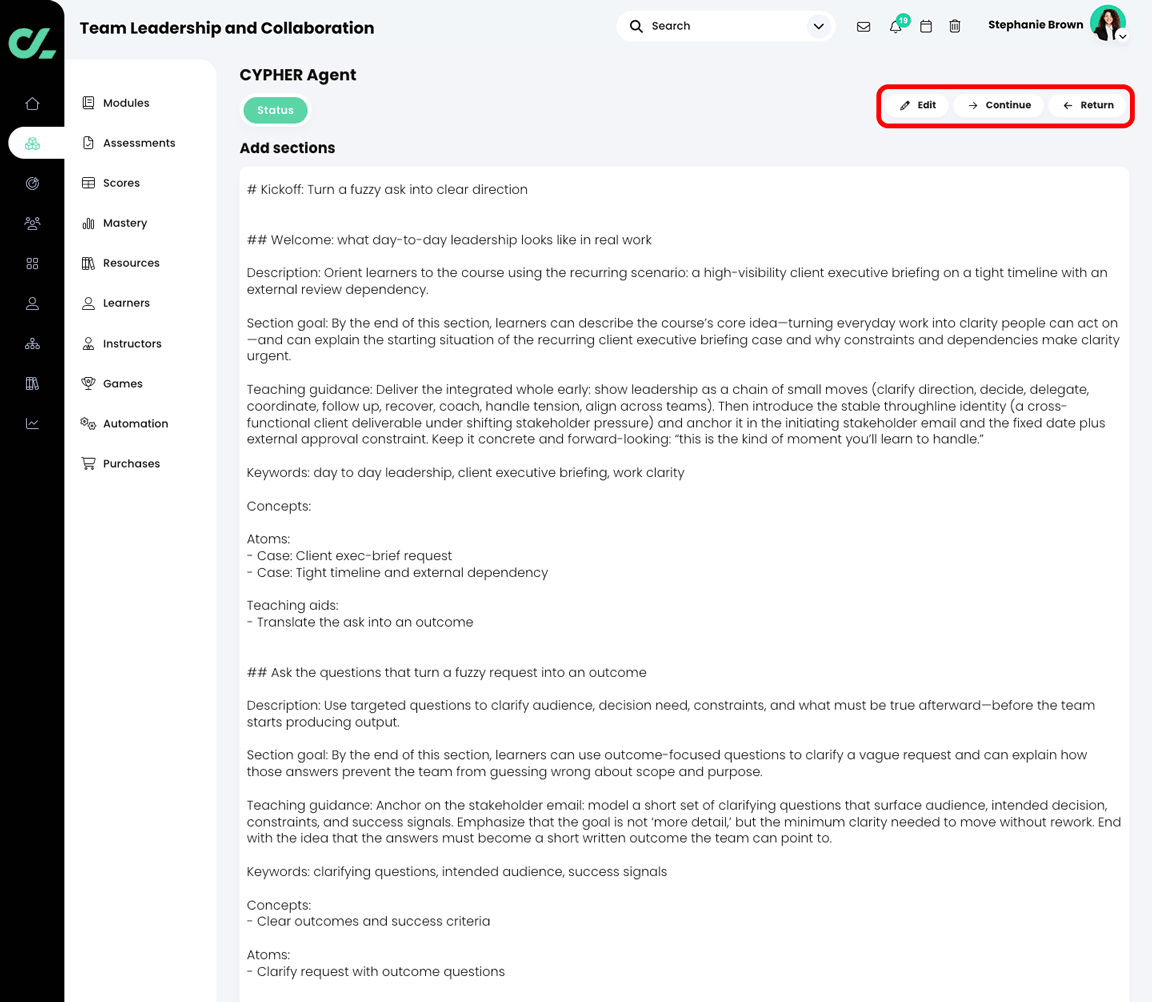 CYPHER Agent Add sections Markdown file, with the Edit, Continue, and Return buttons highlighted