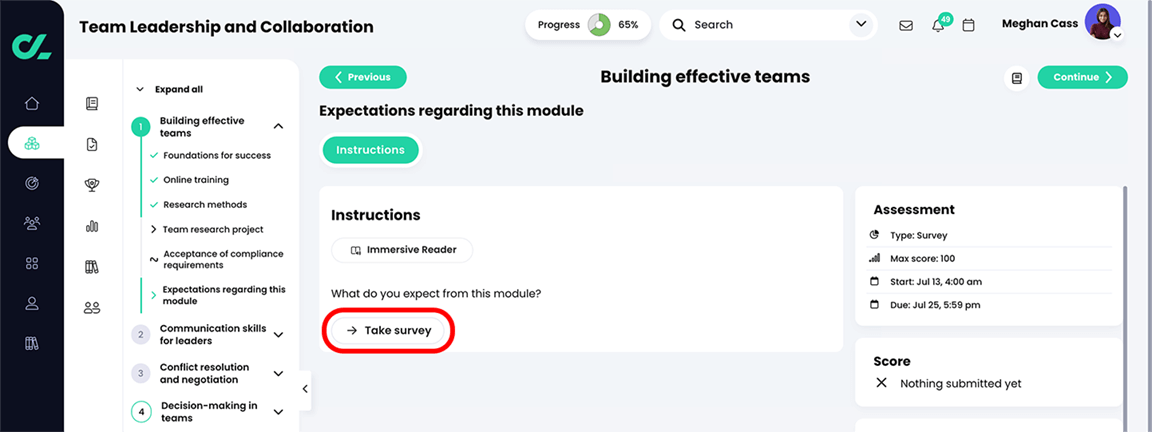 Learner perspective of a course, survey assessment page with the Take survey button highlighted