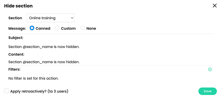 Hide section pop-up with a Section selected and a Canned message