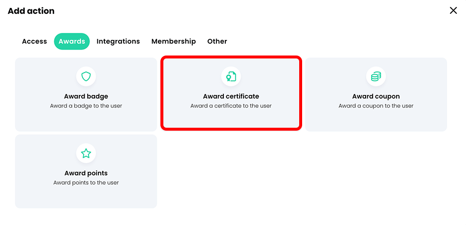 Add action pop-up, Awards tab with the Award certificate button highlighted