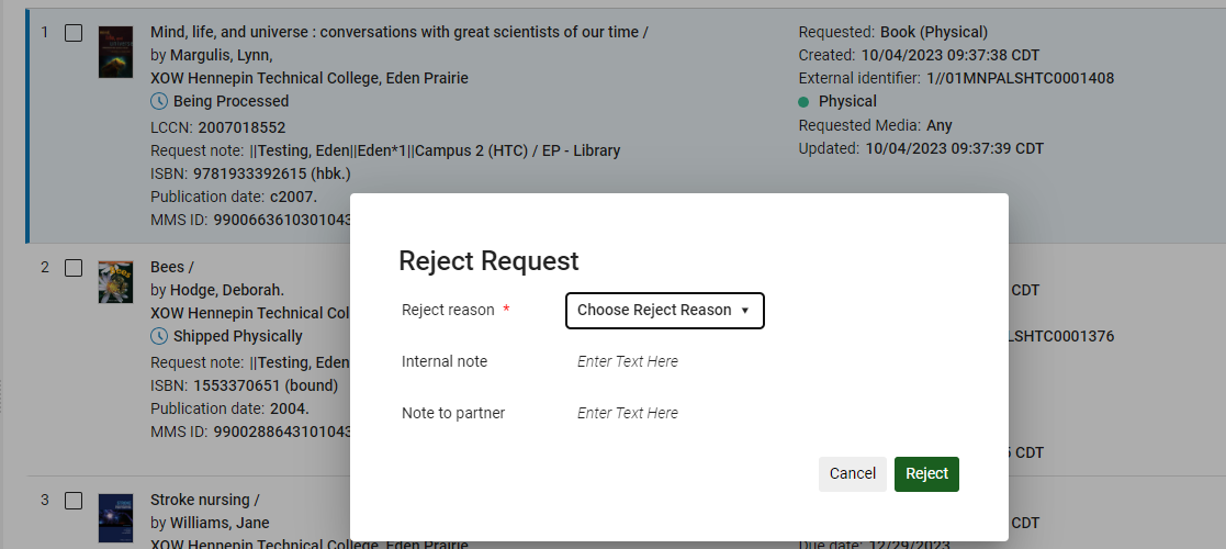 Reject Request form