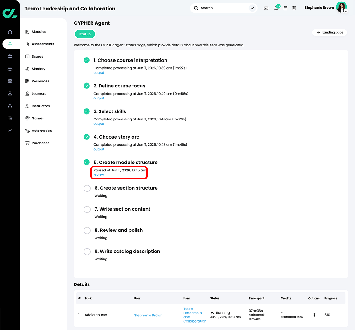 CYPHER Agent status page with the review button highlighted in the Create module structure section