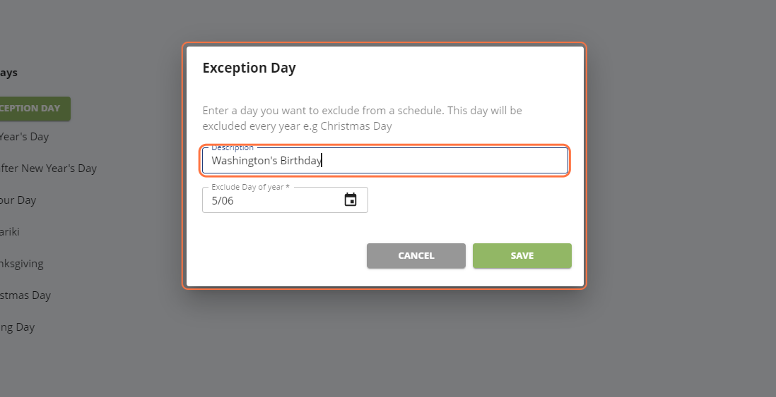 Checklist Exception Calendar