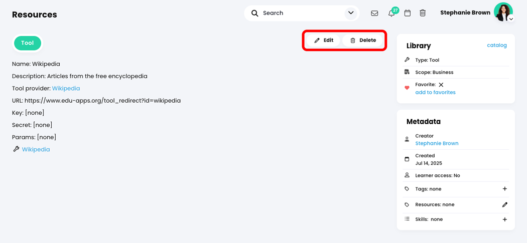 A Tool Resources page with the Edit and Delete buttons highlighted