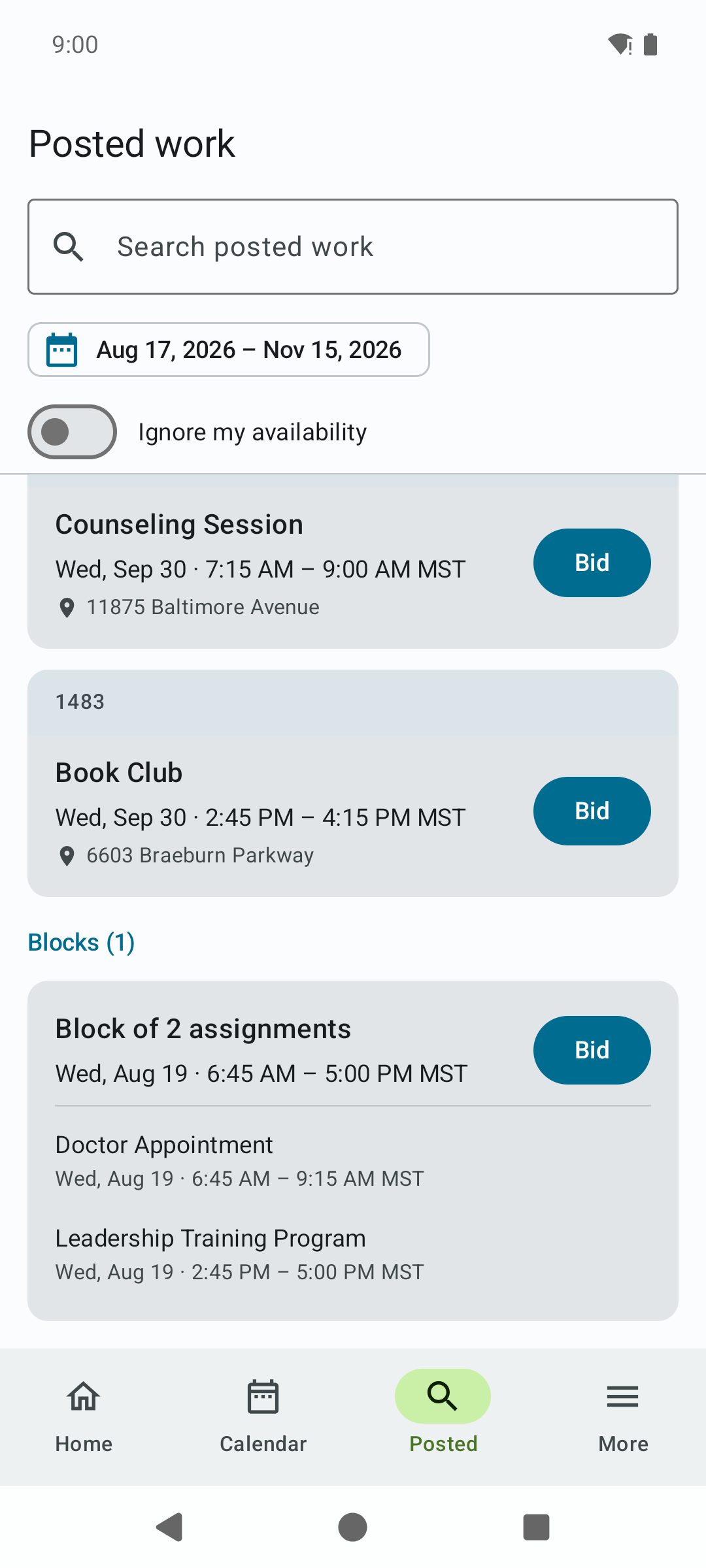 The Blocks section of the Posted tab showing a block of two assignments with its member assignments listed and a single Bid button for the whole block.