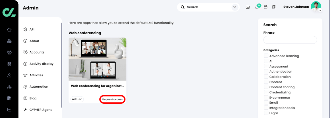 Admin, App center with the Request access button highlighted on the Web conferencing for organizations app tile
