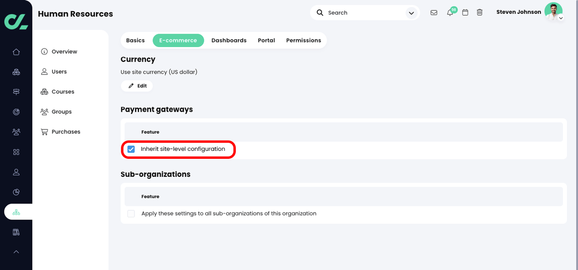 Organization, Admin, E-commerce tab with the Inherit site-level configuration setting selected