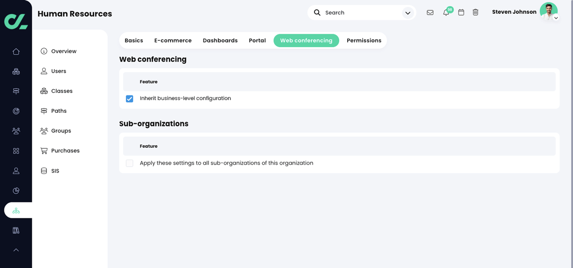 Organization, Admin, Web conferencing tab with the Inherit business-level configuration setting selected