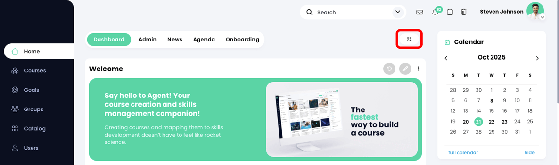 Admin home page dashboard with the Edit widgets icon highlighted