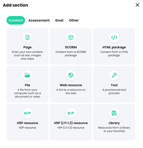 Add section pop-up, Content tab
