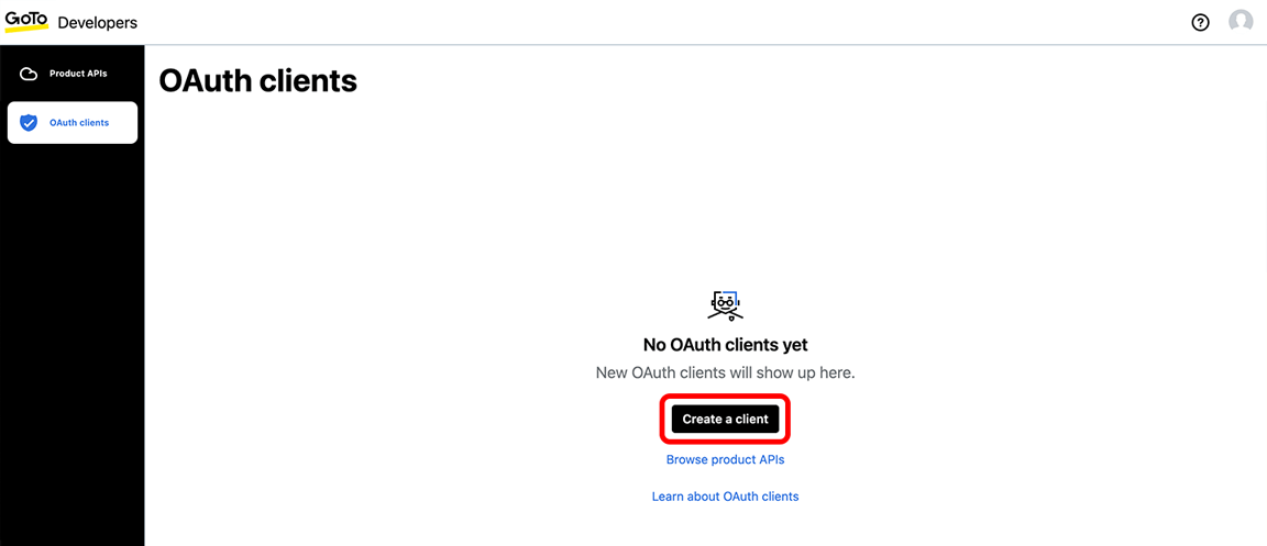 GoTo developer site, OAuth Clients page with the Create a client button highlighted