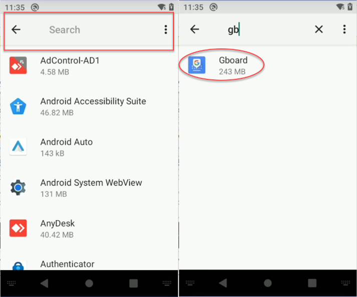 Locating Gboard in the app list